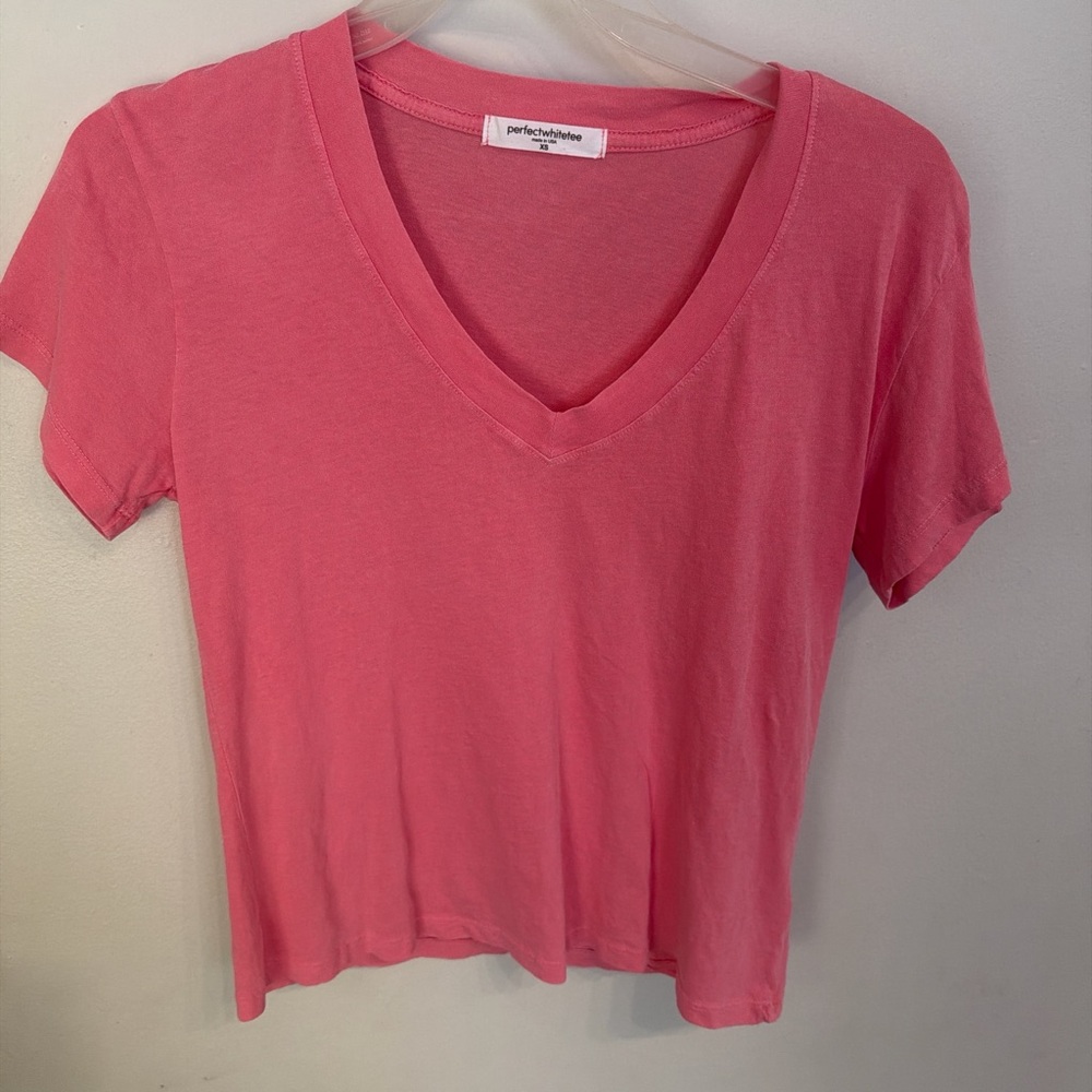 perfectwhitetee Coral Pink V-Neck Short Sleeve Tee